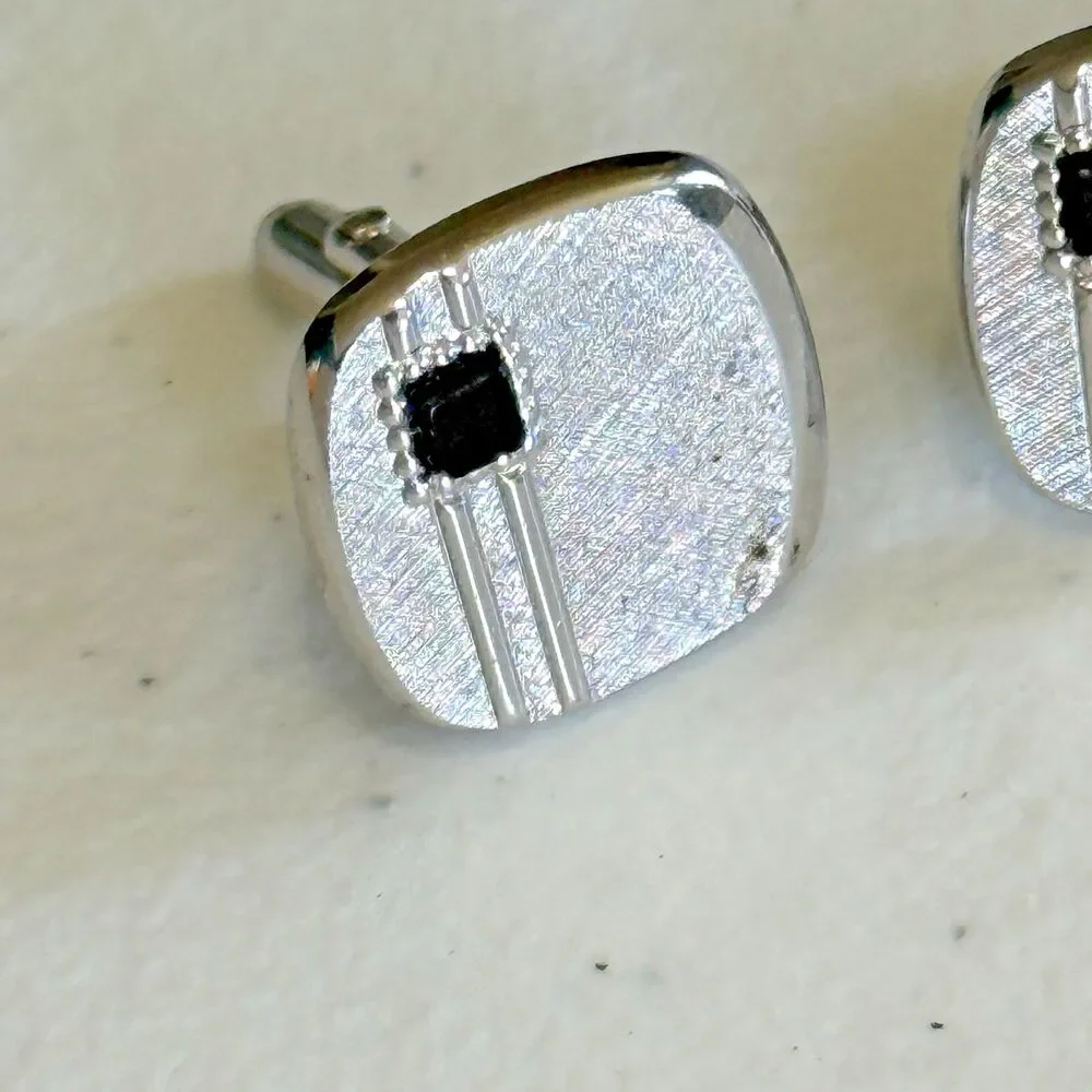 Vintage Silver Swank Cufflinks w/ Black Stone and‎ Brushed Finish